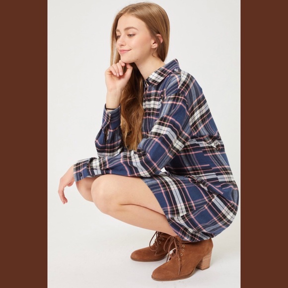 Plaid Long Sleeve Button Down Mini Dress in Blue - Picture 3 of 14